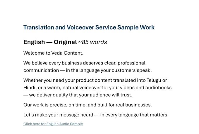 translate english to hindi and telugu with human voiceover